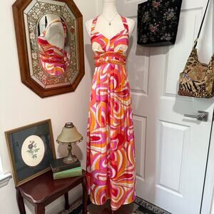 VTG Y2K OC OC By Oleg Cassini Pink & Orange Retro Silk Beaded Maxi Halter Dress